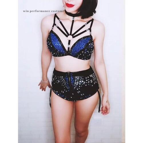 Sexy gogo jumpsuit bikini jacket set Bar Leading Dance Team Costume Sequin Rhinestones Performance Stage Outfit