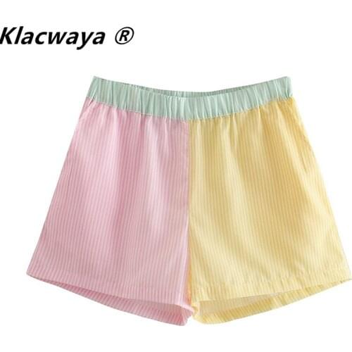 Klacwaya Women Fashion Patchwork Striped Print Casual Hot Bermuda Shorts Female Chic Elastic Waist Summer Pantalone Cortos