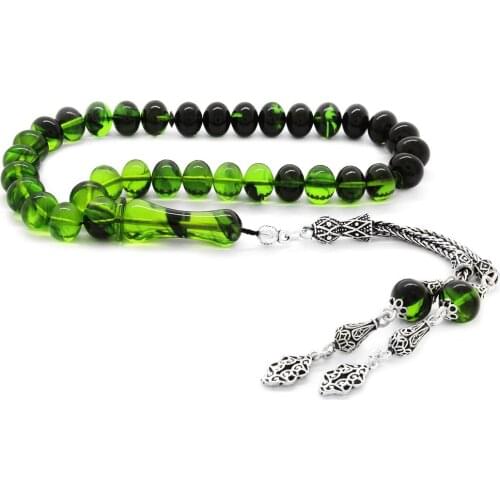 Tesbihane 925 Sterling Silver Tassels Wheel Cutting Cottage Green Fire Amber Prayer Beads