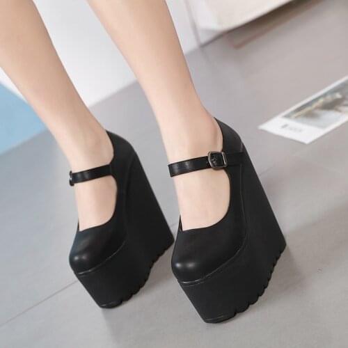 Womens Pumps Wedge Heels Round Toe High Heels Platform Shoes Ladies Outdoor Clubwear Party Wear Ankle Strap Black Leather