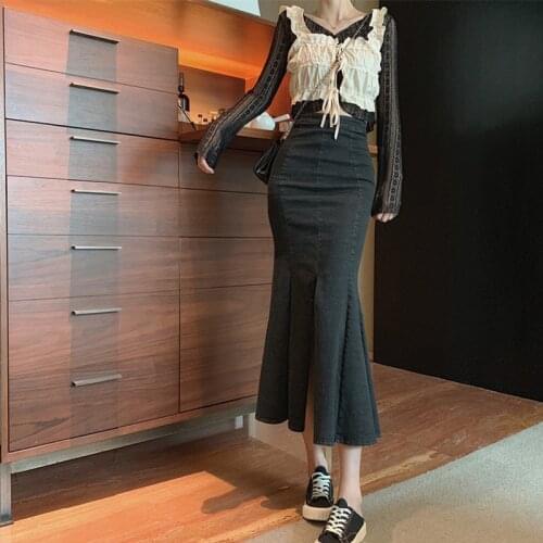 Women High Waist Pencil Bodycon Vintage Denim Long Skirts Mermaid Pleated Skinny Split Slim Fit Wrap Skirt Female Plus Size Sexy