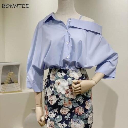 Shirts Women Asymmetrical Design Stylish New Mujer Three Quarter Sleeve Casual Solid Chic Temperament Daily Tops Summer Straight