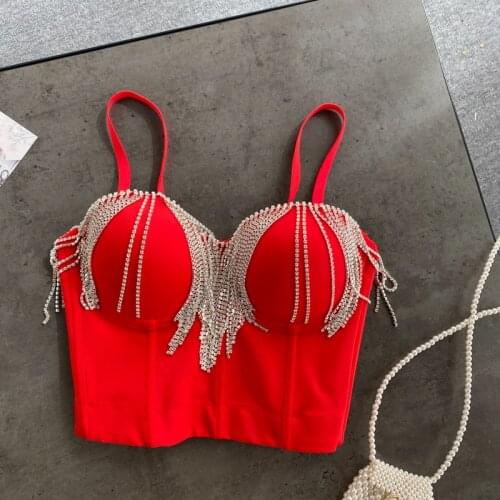 Women New Fashion Tassel Rhinestone Camisole Sexy Padded Nightclub Dance Sleeveless High Waist Bustier Crop Tops Q121
