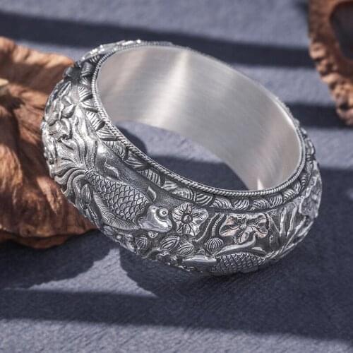 220g heavy solid 999 Sterling Silver Handmade fish lotus flower Bangle Cuff Bracelet For Women Mom gift Vintage Jewelry A5166