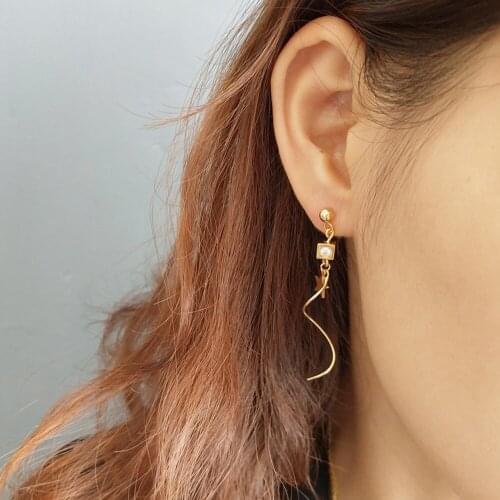 925 Sterling Silver Gold Long Curved Line Tassel Square Zircon Star Earrings Wire Chain Minimal Drop Threader Earrings Gift