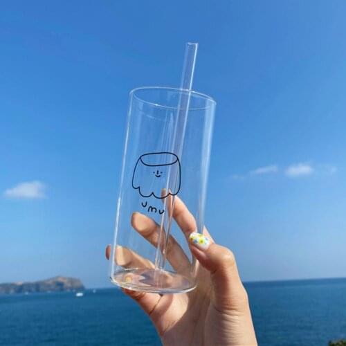 1 Set Glass Cup Simple Fashion Stable Cartoon Transparent Drink Bottle with Straw for Home