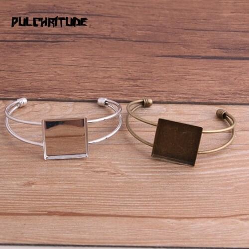 1pcs Two Color Plated Bangle Base Bracelet Blank Findings Tray Bezel Setting Square 25mm Cabochon Cameo