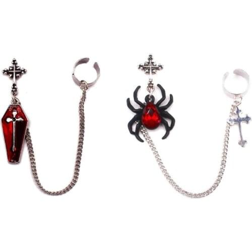1Pc Gothic Punk Red Spider Cross Coffin Silver Finish Long Chain Ear Cuff Dangle Earrings Fashion Jewelry Unisex