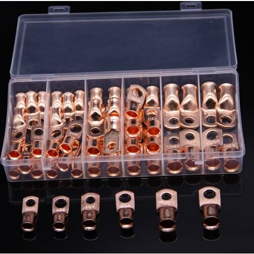 50Pcs Assortment Wire Ring Bare Copper Terminal Copper 4, 2, 1/0 AWG 3/8" 5/16" Electrical Cable Connectors Lug Terminals Kit