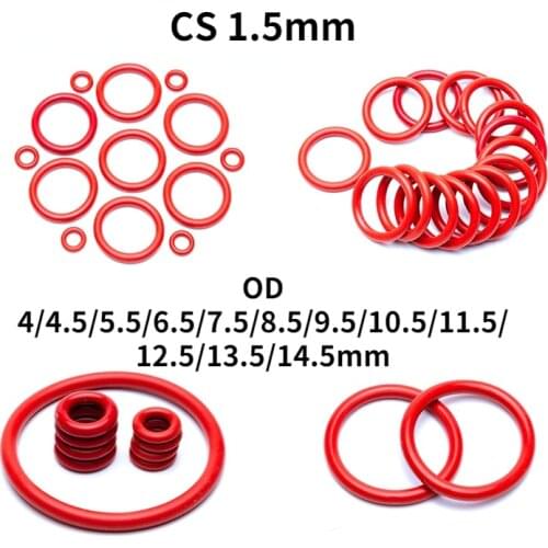 50pcs Red VMQ Silicone O Ring Gasket CS 1.5mm OD 4/4.5/5.5/6.5/7.5/8.5/9.5/10.5/11.5/12.5/13.5/14.5mm Food Grade O-Ring Seal