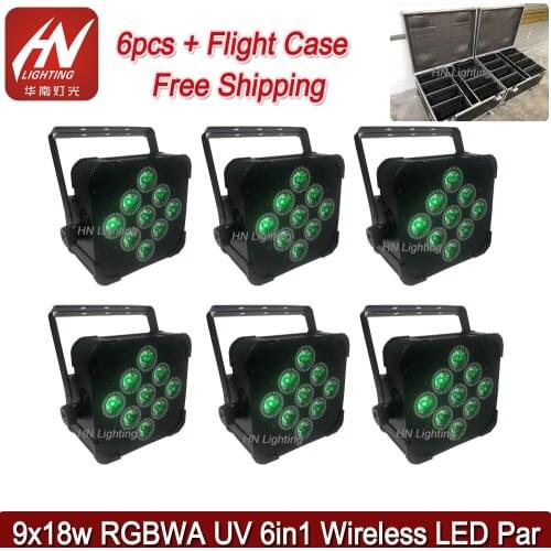6pcs with case 9x18W rgbwa uv remote/wifi/dmx uplighting wireless led mini par lights battery power led flat par
