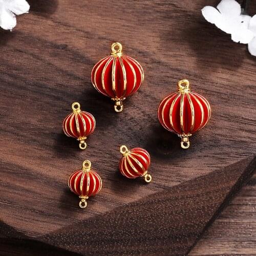 Ornament Accessories Factory Wholesale Metal Dripping Oil Red Lantern Pendant Handmade DIY Earring Pendant gold earrings