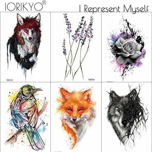 IORIKYO Watercolor Rose Temporary Tattoo Men Stickers Totem Wolf Arm Waterproof Tattoo Women Hands Lavender Flash Tatoo Fox Neck