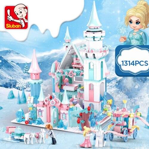 Sluban Snow World Series Elsa`s Magical Ice Castle Dream Princess Queen Anna Model Minifigures Building Blocks Friends Gifts Toy