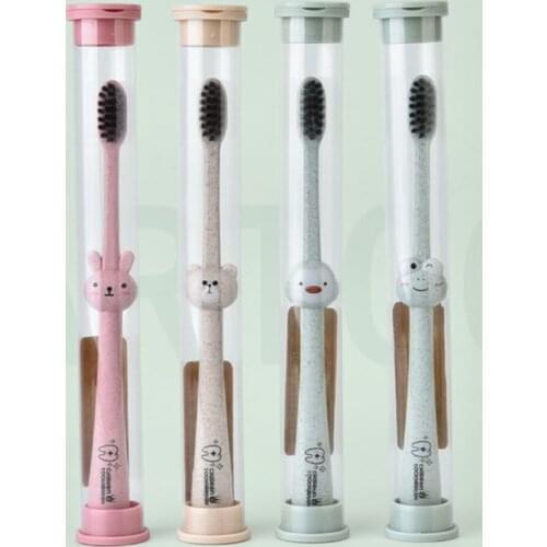 Children Baby Toothbrush Cartoon Handle Oral Bamboo Charcoal Brush Care Natural Wheat Straw Degradable E06F
