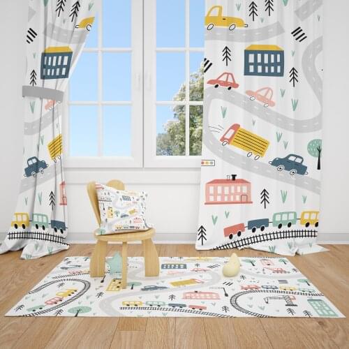 ROAD - TRAFFIC Non Slip Printed Easy To Clean Living Room Rug Educational Play - CARPET AND CURTAIN BUNDLE