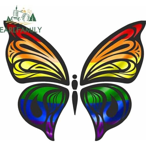 EARLFAMILY 13cm x 11cm Ornate Butterfly Wings Design with Lgbt Gay Pride Rainbow Flag Motif Vinyl Car Sticker