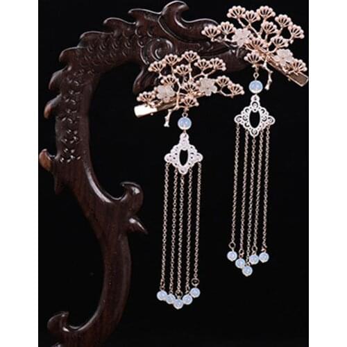 FORSEVEN 1 Pair Ancient Chinese Style Leaves Long Tassel Hairpin Clips Hairgrips Bride Noiva Wedding Party Headpieces Jewelry