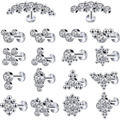 ZS Various Styles Labret Lip Piercing 16G Stainless Steel Lip Stud Steel Ball Crystal Labret Stud for Women Men Tragus Piercing
