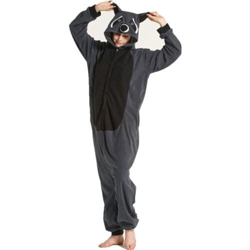 Adults Polar Fleece Grey Raccoon Animal Kigurumi Womens Mens Onesies Pajamas Cosplay Costume for Halloween and Carnival Party