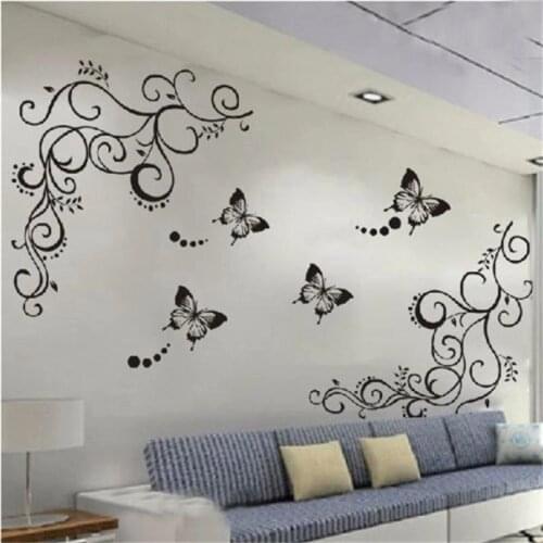 Classical Black Flower Vine Butterfly Wall Stickers Home Decor Living Room Furniture Fridge Bedroom Wall Decals Diy Mural Art