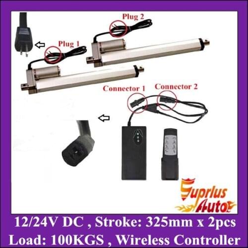 Set of 2PCS 325mm/13" Inch Stroke DC 12V Linear Actuators & Wireless Remote Control Kits -1000N/225lbs Load DC Motor
