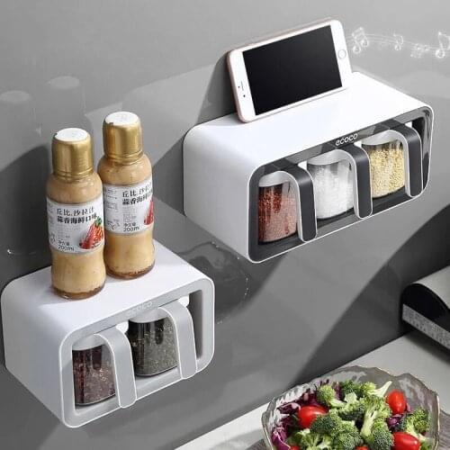 Wall Mount Free Punch Spice Rack Storage Organizer Sugar Bowl Salt Shaker Seasoning Container Spice Boxes With Spoons Set