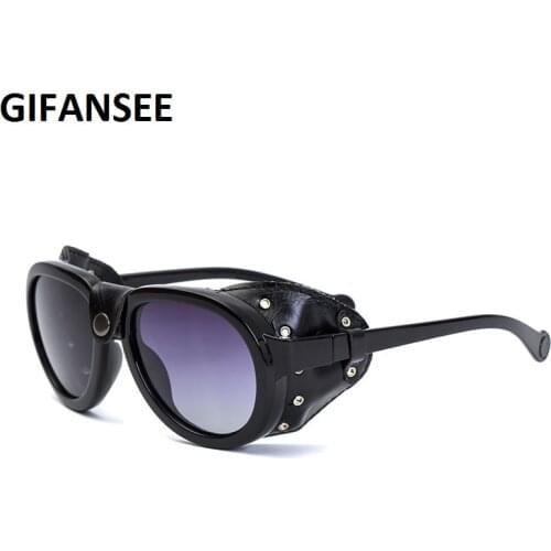 Oversized Men Polarized Sunglasses For Women Luxury Brand Design Round Steampunk Leather Eyeglasses Vintage Oculos UV400 Gafas