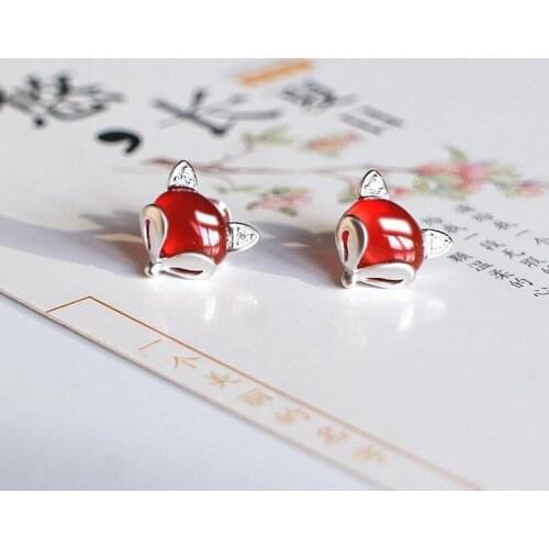 Original designer craft natural chalcedony red jade fox earrings peach blossom fresh romantic charm female silver jewelry