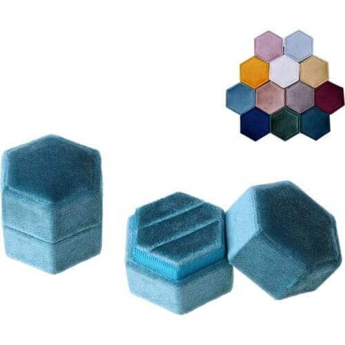 Hexagon Velvet Ring Box Double Ring Display Holder with Detachable Lid Ring Box Holder for Wedding Ceremony(Wine Red) 85LB