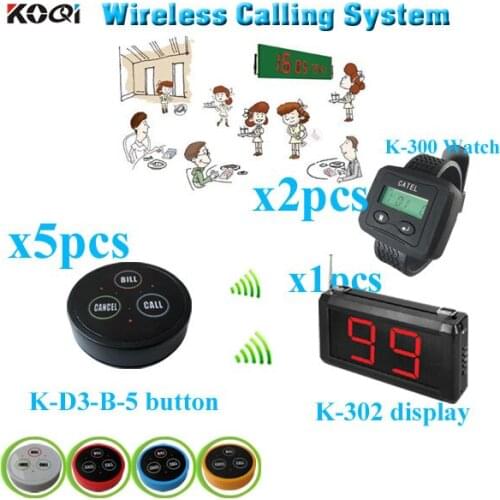 Restaurant waiter calling system long range applied for service industry (1 display receiver+ 2 watch +5 table bell button)