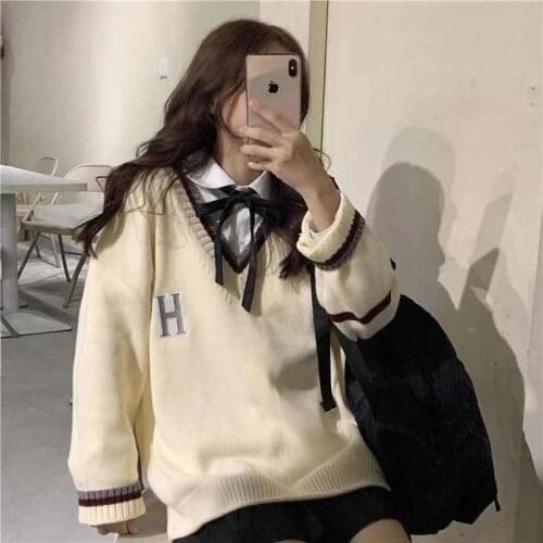Pink Japanese School Uniform Preppy Style Sweater Women 2021 Autumn New Korean Fashion Loose Simple V-neck Casual School Sweater