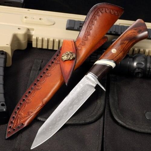 Survival Tactical Knife 60 HRC Damascus Steel Desert Ironwood Hunting Outdoor Camping Knives Leather Sheath Gift Collection