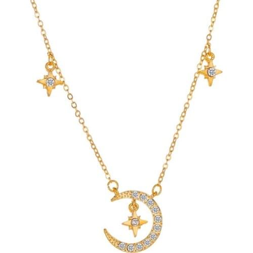 Golden White Rose Gold Chain Bling Starry Clear Crystal Star Moon Pendant Charm Alloy Necklace For Women