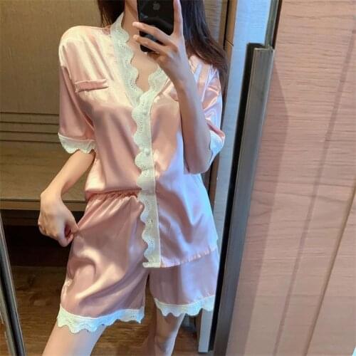 Womens suit pajamas Lace Satin Rayon silk summer set woman 2 pieces shorts short sleeve home Nightgowns thin Sleepwear