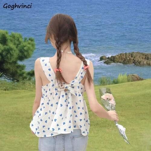 Camisole Women Bow Heart Print Sexy Female Tops Elegant Sleeveless Sweet Girls Casual Fashion Popular Students Harajuku Retro