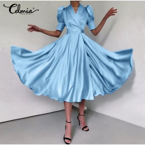 Sexy V-Neck Elegant Satin Shirt Dress 2021 Celmia Women Summer Sundress Casual Puff Sleeve Bandage Pleated Solid Party Vestidos