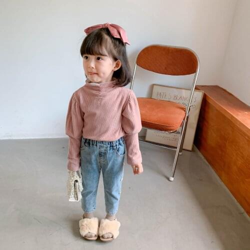 Winter girls casual puff sleeve double layer thick warm base T shirts 4 colors cotton high collar Tops