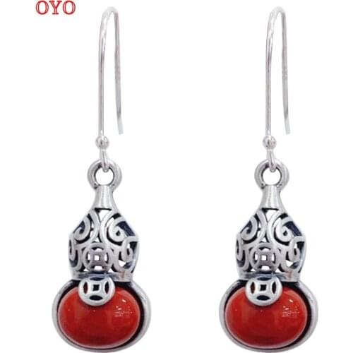 100% 925 sterling silver southern red gourd copper coin earrings Chinese style ethnic style handmade silver earrings
