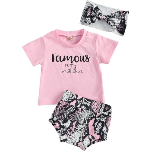 2021 Summer Newborn Baby Girls Clothes Baby Letter t shirt Top+Snakeskin Shorts+headband Outfits Set Roupa 3-24 Months Clothing