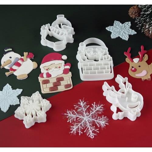 4pcs/set Christmas Cookie Cutter Elk Snowflake Santa Snowman Fondant Cake Biscuit Cutter Moulds 3D Xmas Cake Decorating Tools