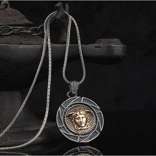 925 Sterling Silver Medusa Icon Mens Silver Necklace , Jewelry Fashion Vintage