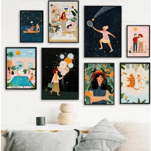 Abstract Girl Balloon Canvas Painting Plant Tiger Dog Life Wall Art Nordic Posters and Prints Picture for Living Room Decoration