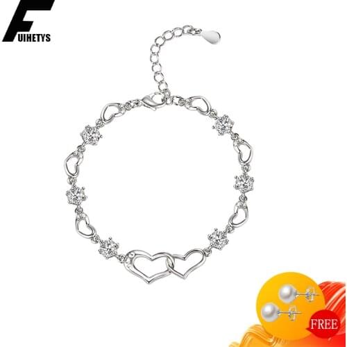 BaliJelry Trendy 925 Silver Women Bracelet Double Heart-shape Zircon Gemstone Jewelry Accessories for Wedding Engagement Gift