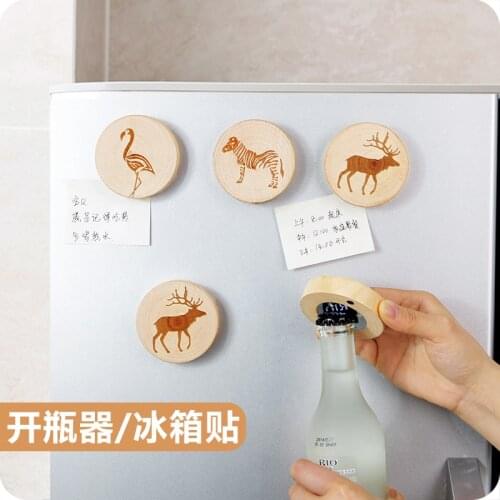 Creative Wooden Refrigerator Sticks Round Wood Beer Bottle Opener Refrigerator Message Board Magnetic Sticks With Flamingo Logo