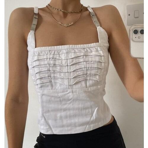 Musuos Sexy High Street Crop Tops Women Metal Spliced Suspender Vest Solid White Ruched Square Collar Backless Slim Camisoles