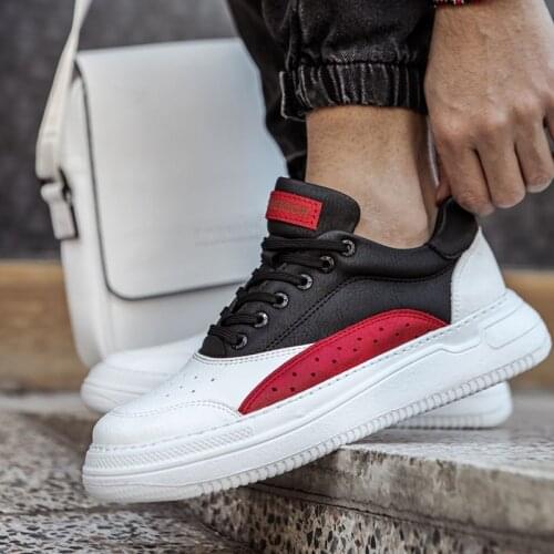 Chekich Mens Sneakers White and Black Color Lace Up Artificial Leather Summer Fall Seasons Mixed Color Casual Vulcanized Material Red Comfortable 2021 Fashion Wedding Lightweight Breathable Non Slip Oxford CH115 V4
