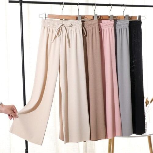 High Waist Solid Women Summer Pants Fashion Solid Ice Silk Thin Wide Leg Pants 2021 Plus Size Loose Casual Ankle-Length Pants