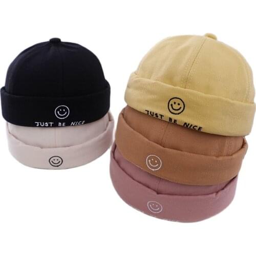 Doitbest autumn Docker Cap Brimless Hat embroidery Smiley girl Beanie Hats Cotton Solid Adjustable Spring Landlord Sailor Cap