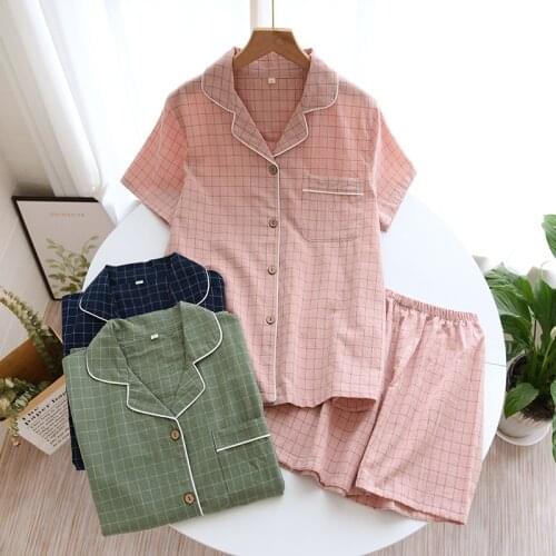 Summer new couple pajamas two-piece mens plaid short-sleeved shorts 100% cotton gauze ladies simple home service set sleepwear